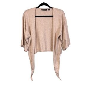 SOMETHING NAVY Cardigan Small Crop Tie Open Front Cotton Knit Short Sleeves Tan